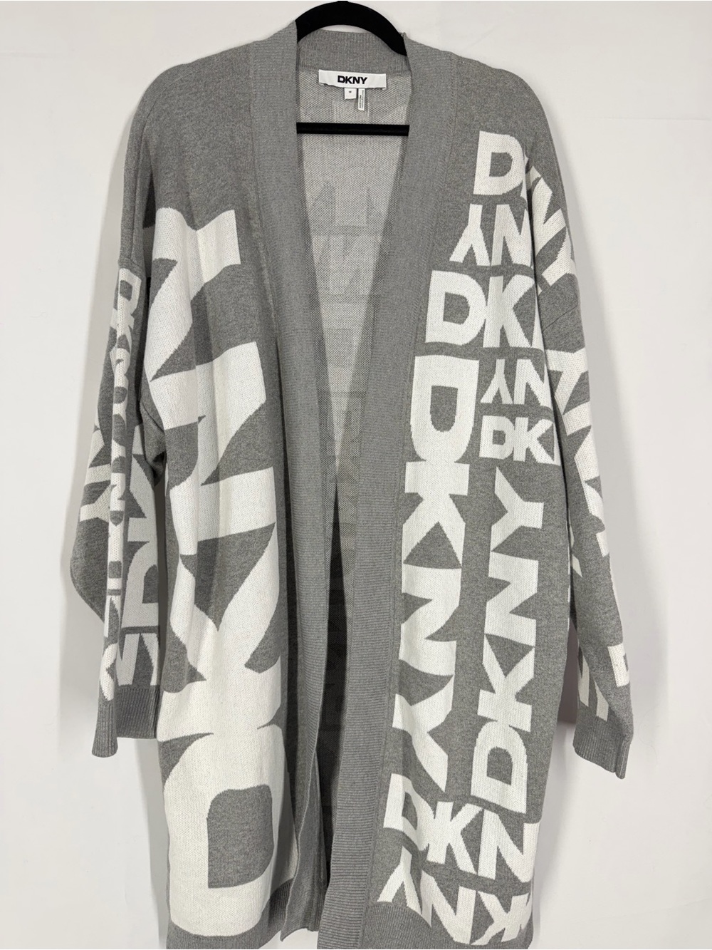 DKNY Gray and White Logo Open-Front Cardigan Sweater